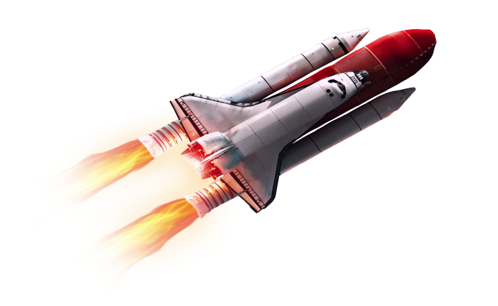 Space shuttle with external fuel tanks and booster rockets propelling forward, emitting intense flames and exhaust from the engines at the rear, against a plain background.